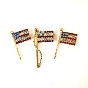 Patriotic Goldtone American Flag Brooch Set Of 3 Rhinestone Vintage